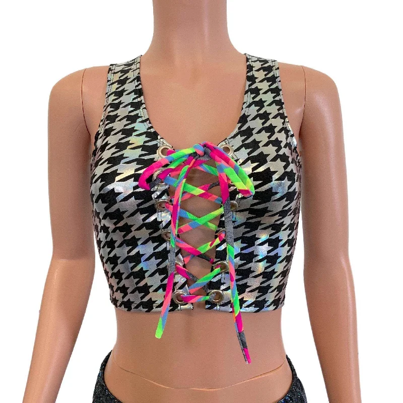 SALE - SMALL ONLY - Lace-Up Crop Tank Top - Houndstooth Holo & Neon Adventure