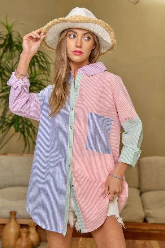 Multi Color Striped Button Down Shirt Sporty Women's Athleisure 