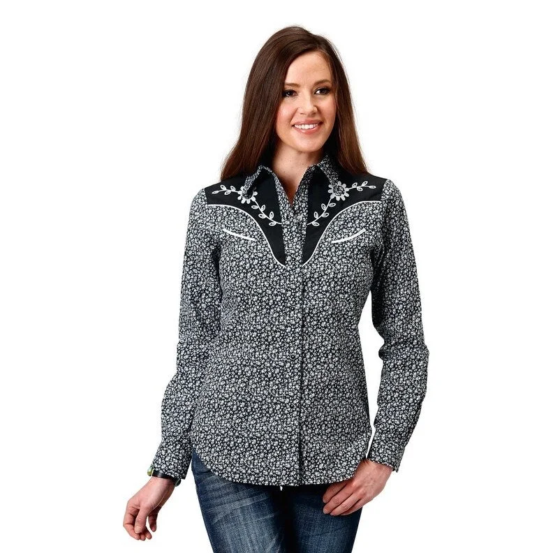 Roper Western Shirt Womens L/S Floral Snaps Black 01-050-0024-1068 BL Hip Women's Urban Roper Western Shirt Womens L/S Floral Snaps Black 01-050-0024-1068 BL Hip Women's Urban