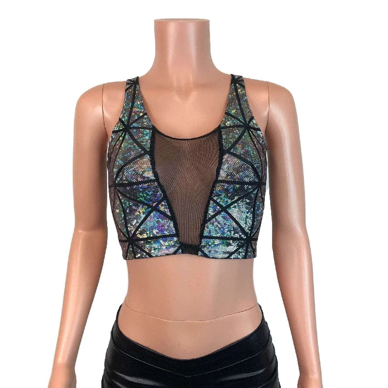 Mesh Inset Crop Tank Top - Silver Glass Pane Holographic Casual Women's Japanese 