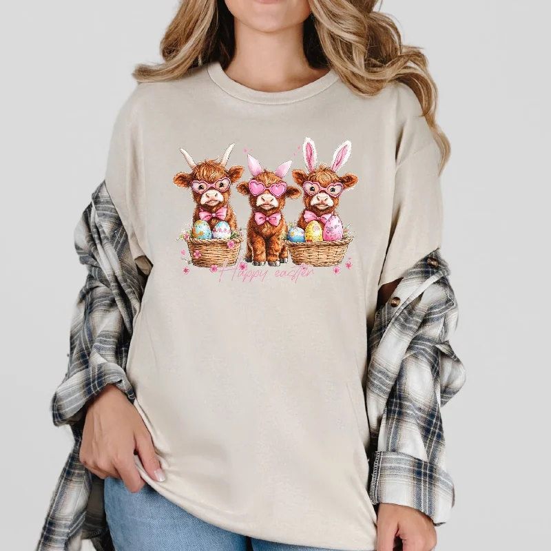 Easter Basket Highland Cow Graphic Tee Sophisticated Women's Tailored