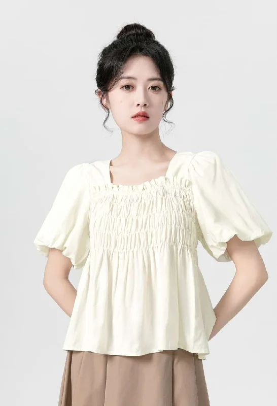 Puff Sleeve Shirred Blouse Athletic Women's High - 