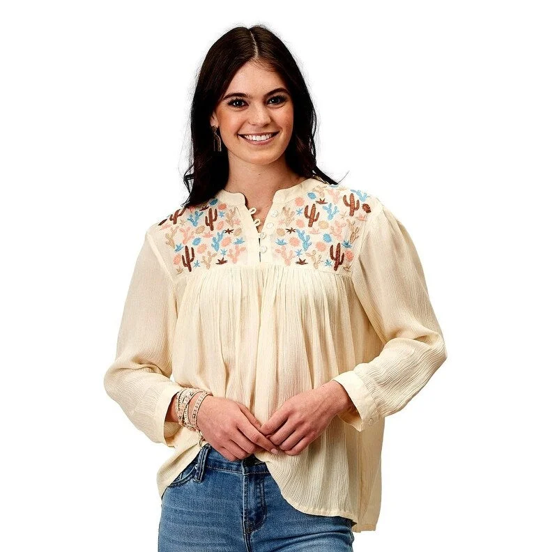 Roper Western Shirt Womens L/S Embroidery Cream 03-050-0565-2003 WH Feminine Women's Style Roper Western Shirt Womens L/S Embroidery Cream 03-050-0565-2003 WH Feminine Women's Style