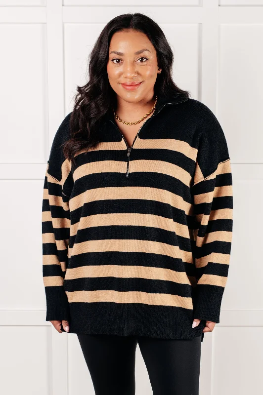 Well Situated Striped Quarter Zip Sweater in Black and Tan Monochromatic Office Style Well Situated Striped Quarter Zip Sweater in Black and Tan Monochromatic Office Style