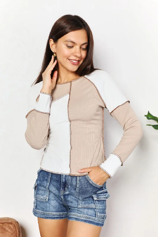 Color Block Exposed Seam Top Laid - back Women's Style