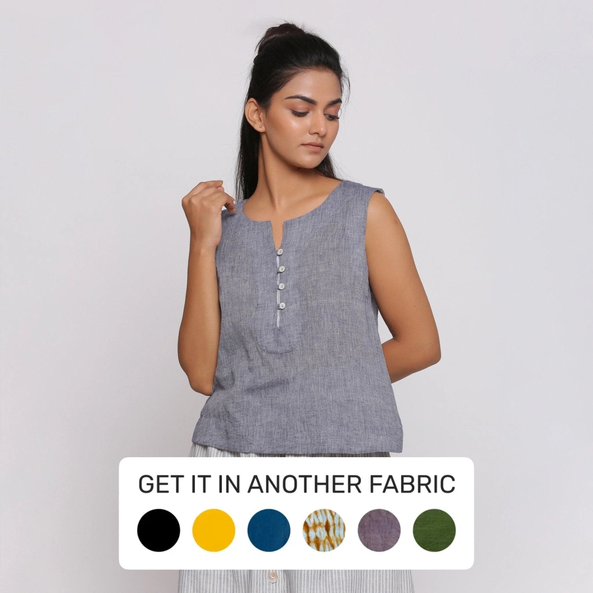 Grey Cotton Muslin Split Neck Button-Down Top Confident Women's Power