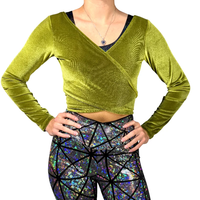 Long Sleeve Crop Wrap Top - Olive Green Velvet Bold Women's Animal Print