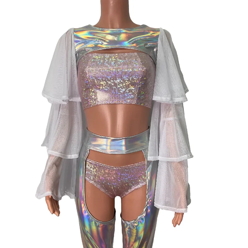 Ruffle Sleeve Bolero Top - Opal Holographic and White Mesh Sleek Women's Metallic