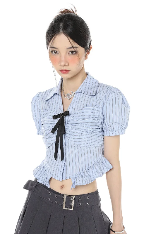 Stripe Ruffle Hem Puff Shoulder Top French