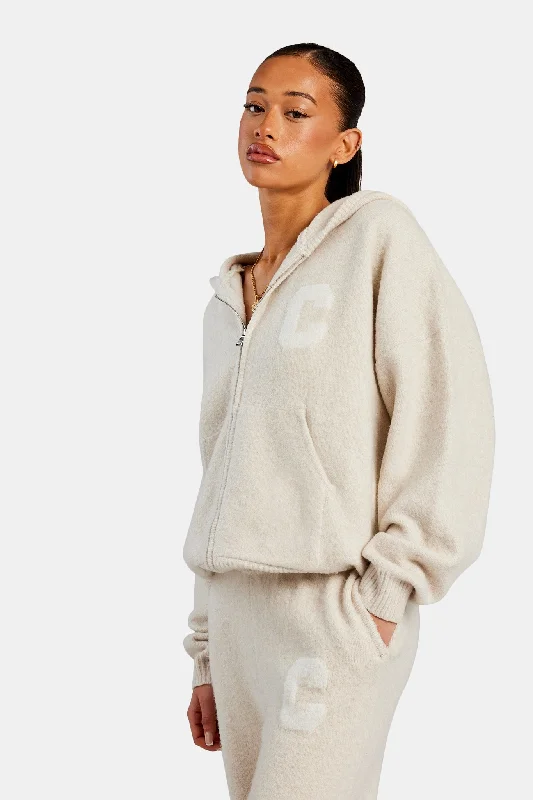 Hooded Zip Through Knitted Jumper - Oatmeal Stylish Women's Tropical 