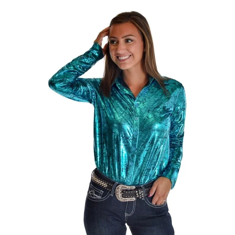Cowgirl Tuff Western Shirt Womens Long Sleeve Shiny Turquoise 100708 garde