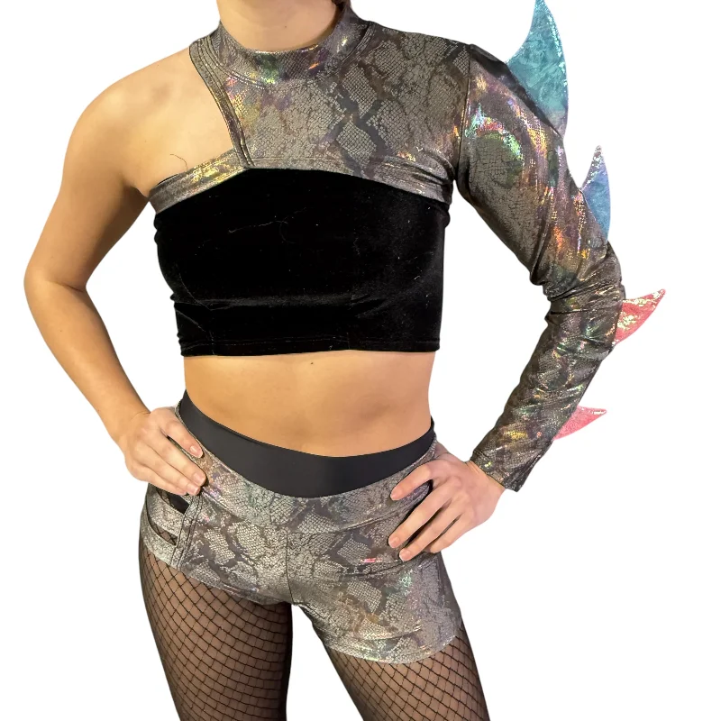Spiked Side Bolero Top in Gray Snakeskin | Dragon Costume, Rave Outfit, Snake Reptile Festival Cosplay, Lost Lands French Spiked Side Bolero Top in Gray Snakeskin | Dragon Costume, Rave Outfit, Snake Reptile Festival Cosplay, Lost Lands French