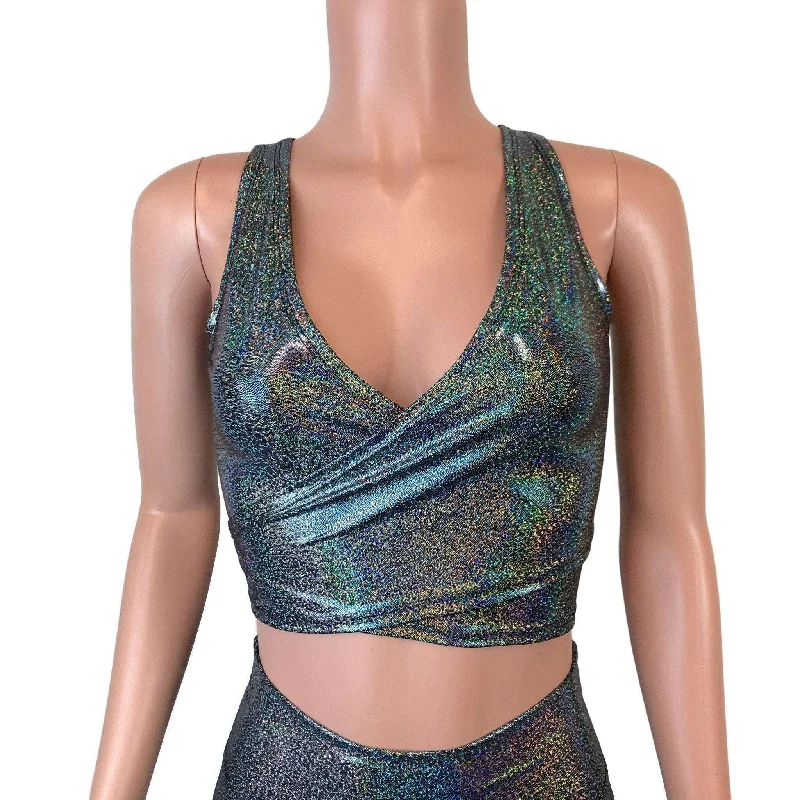 SALE - XL Sleeveless Crop Wrap Top - Gleaming Silver Sparkle Unique Women's Upcycled SALE - XL Sleeveless Crop Wrap Top - Gleaming Silver Sparkle Unique Women's Upcycled